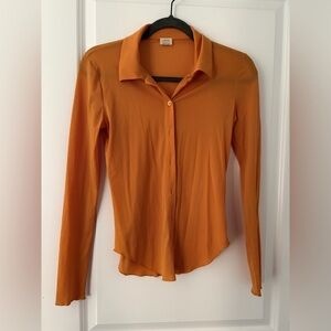 Aritzia Wilfred Sheer Mesh Orange Button-Up Top